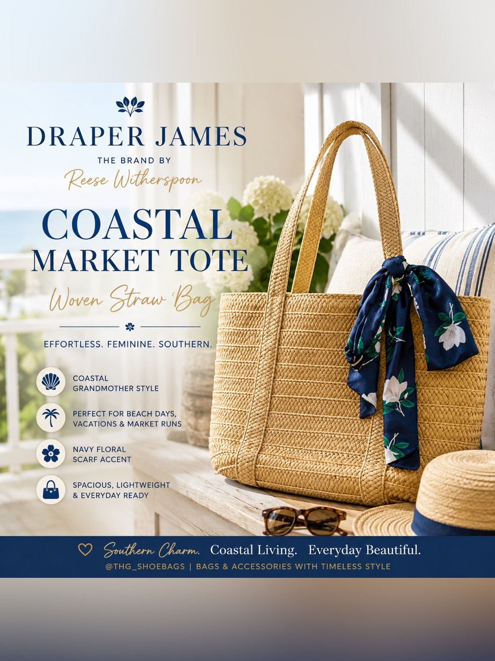 Draper James Coastal Market Tote Woven Straw Beach Bag
